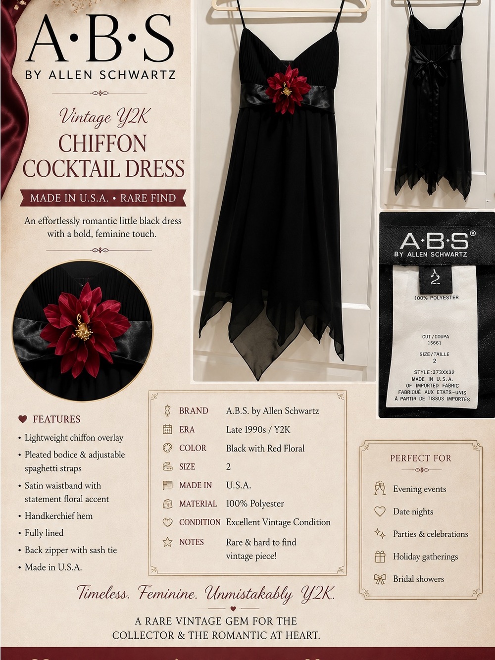 A.B.S. by Allen Schwartz Black Chiffon Asymmetrical Dress with Red Floral